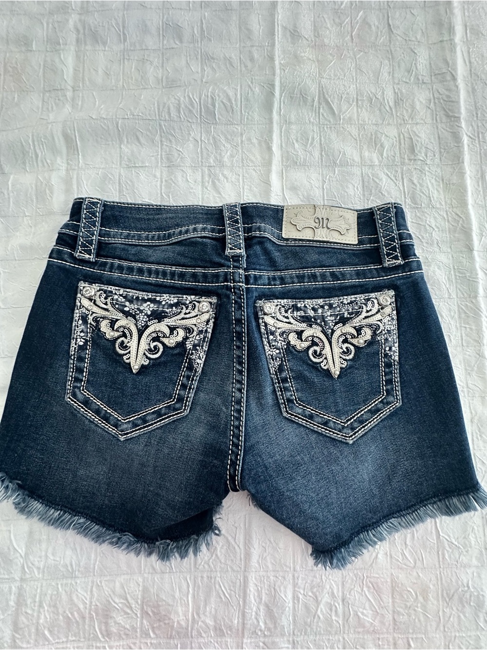Miss ME NWOT Mod-Rise Embellished Dark Wash Denim Shorts with Frayed Hem